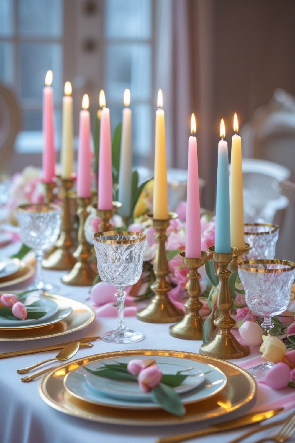 A row of pastel taper candles in elegant brass holders lines the center of your table, casting a warm glow. The flickering candlelight reflects beautifully off gold-rimmed plates and crystal glasses.