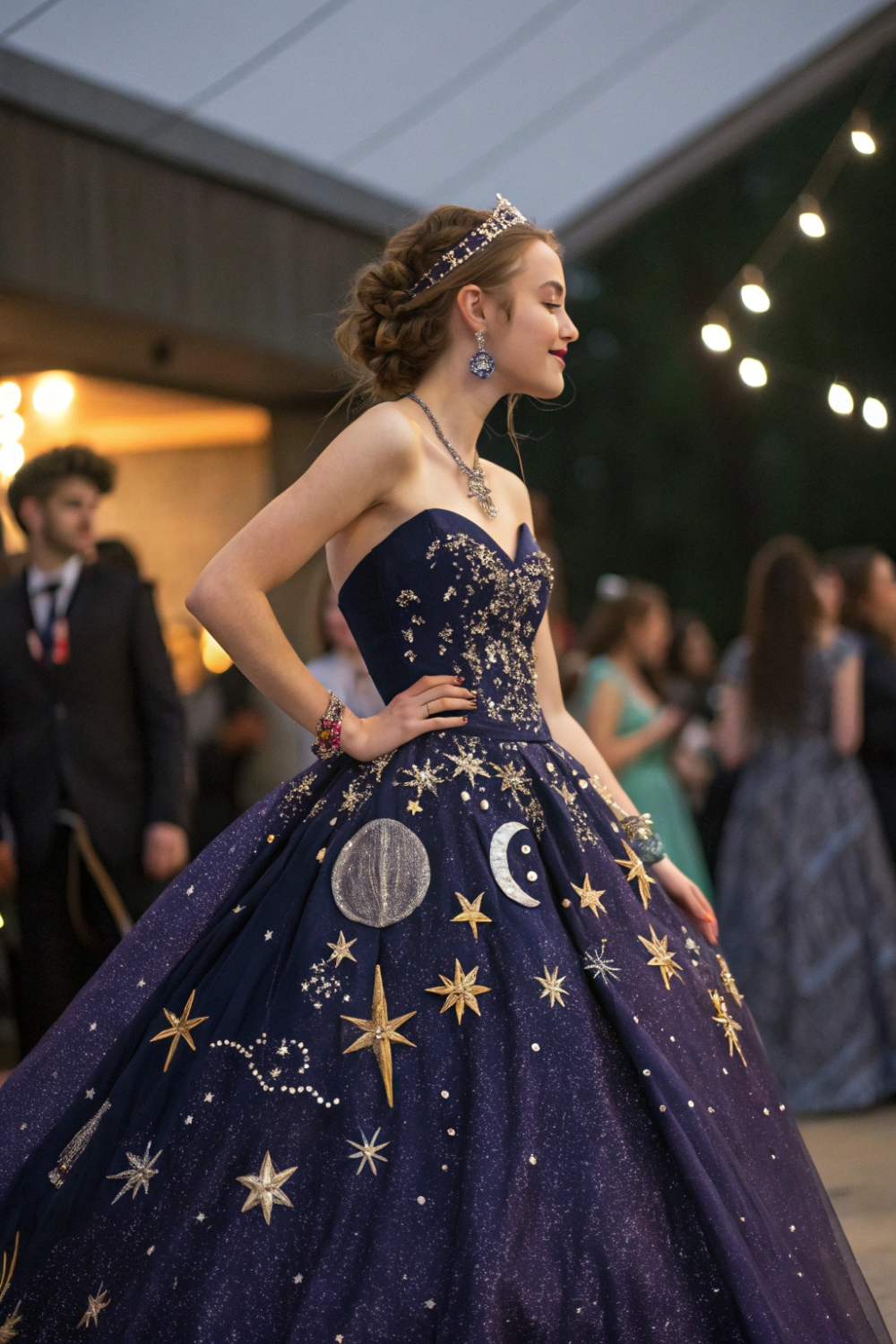 Your dress is sprinkled with star patterns, moon embroidery, or cosmic details, making you look straight out of a fantasy novel.