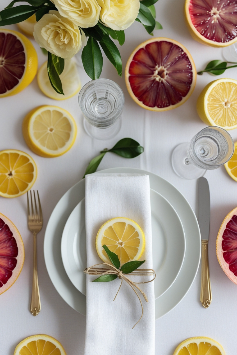Slices of lemons, blood oranges, or grapefruits are scattered along the table, their juicy hues adding a vibrant but still soft touch. A simple lemon sprig tied with twine sits atop each plate as a charming accent.