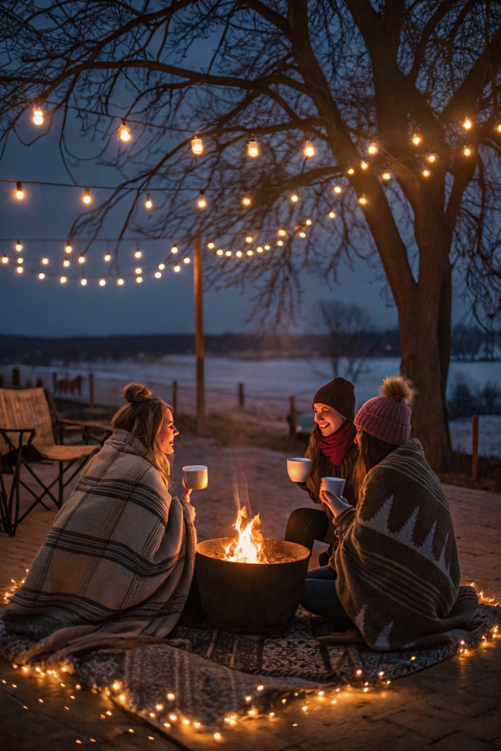 It’s a cool evening, and you’re gathered around a glowing fire pit, sipping on warm drinks with friends. Twinkling string lights add a magical glow, and cozy blankets are draped over outdoor seating.