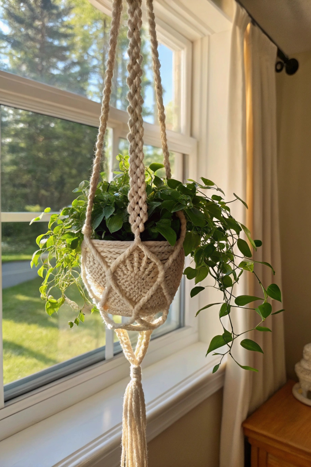 A soft, woven cozy crochet plant hanger gently sways near a sunny window. Your favorite trailing plant cascades gracefully, filling your space with greenery. The textured stitches create a handmade charm, making your plant look even more special. Whether hanging in the kitchen, living room, or patio, this dreamy DIY decor adds a personal, artsy touch to your home.