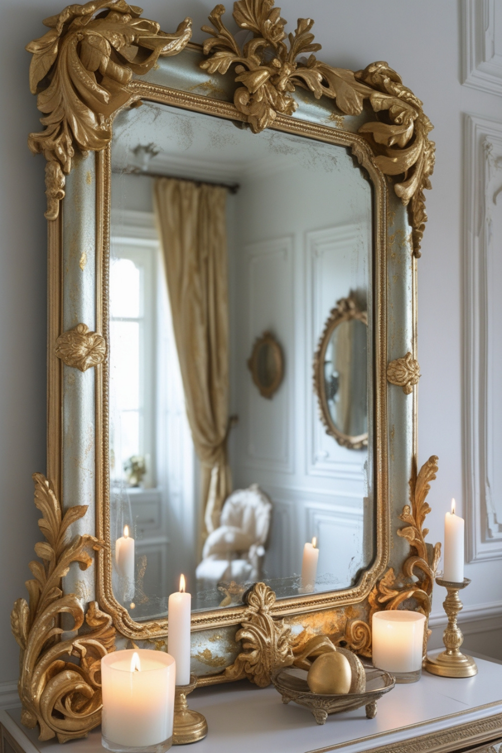 Create a large, ornate mirror draped in gold leaf, reflecting soft candlelight and add instant grandeur to your space.