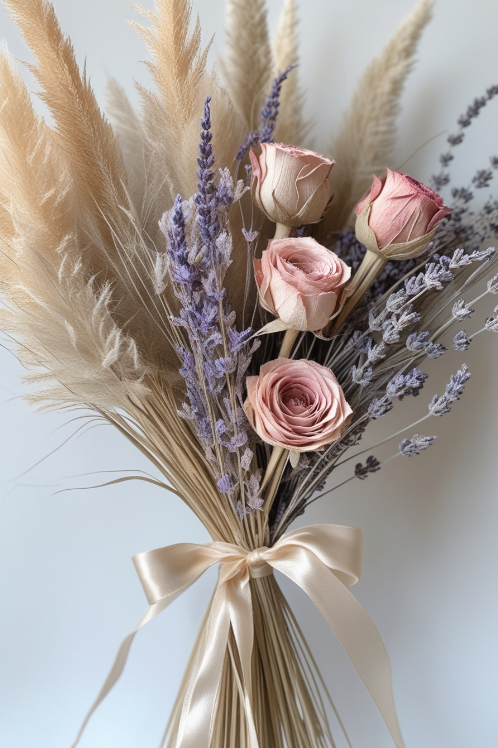 A dreamy bouquet of soft beige pampas grass, delicate lavender, and faded pink roses, bound together with a natural silk ribbon. The textures create a whimsical, bohemian feel, and the best part? This bouquet will last forever.