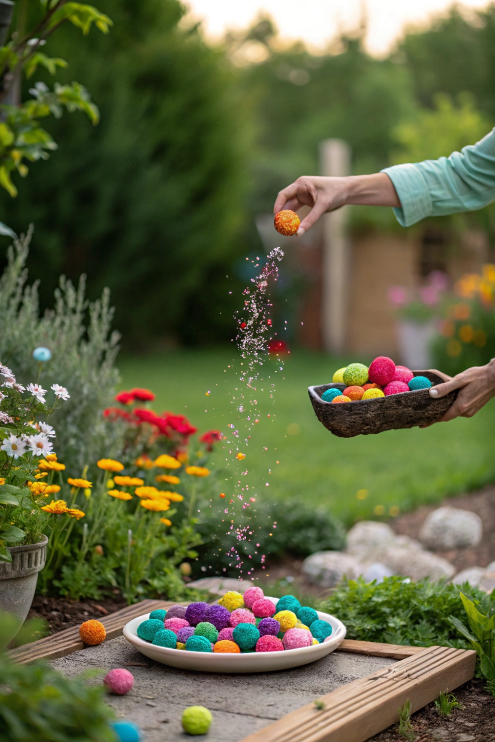 Guests tossing colorful seed bombs into their garden, watching wildflowers bloom and remembering the love-filled celebration they were part of.