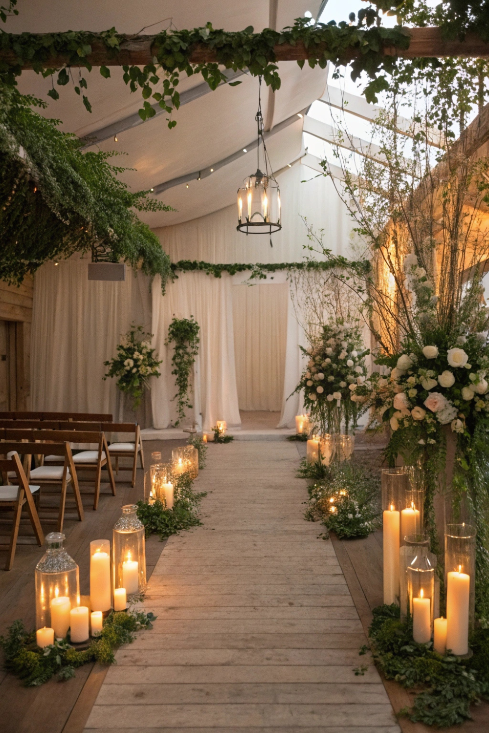 Instead of plastic or disposable decor, your wedding is filled with foraged greenery, rented statement pieces, and romantic LED candles—a dreamy, waste-free atmosphere.