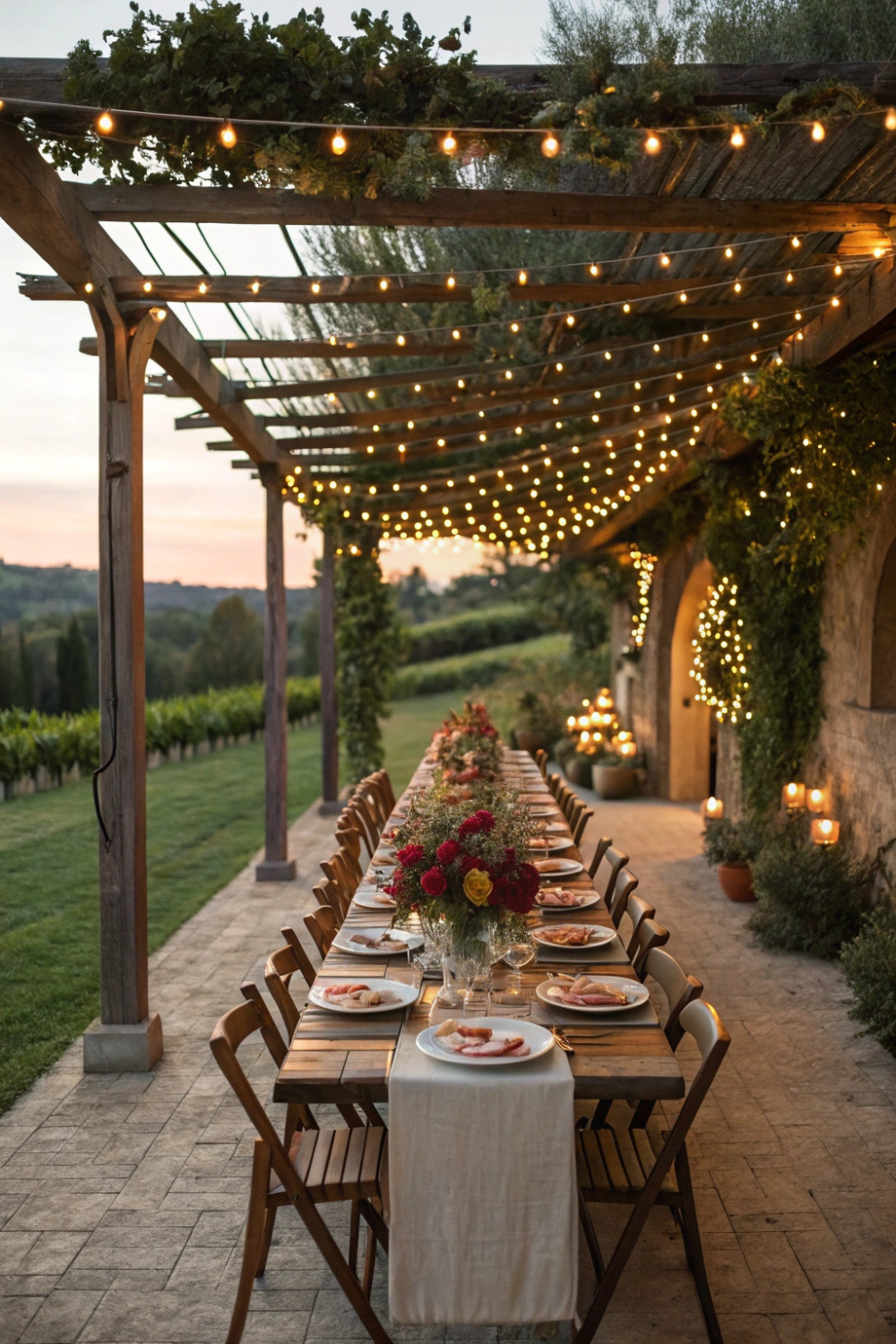 A long farmhouse-style dining table set under a pergola, twinkling fairy lights above, and a gorgeous floral centerpiece running down the middle. You and your guests are enjoying a delicious al fresco dinner
