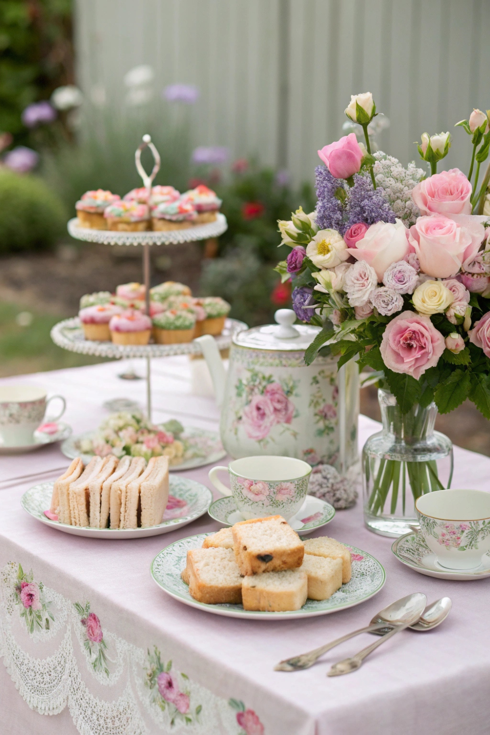 A floral-filled tea party with delicate china, pastel tablecloths, and fresh blooms everywhere.
