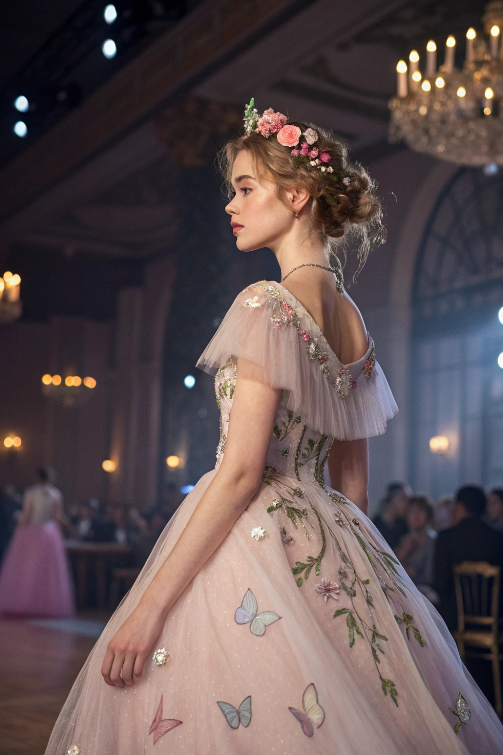 A soft, flowy dress in pastel tones with delicate lace, pearl details, and butterfly appliqués.
