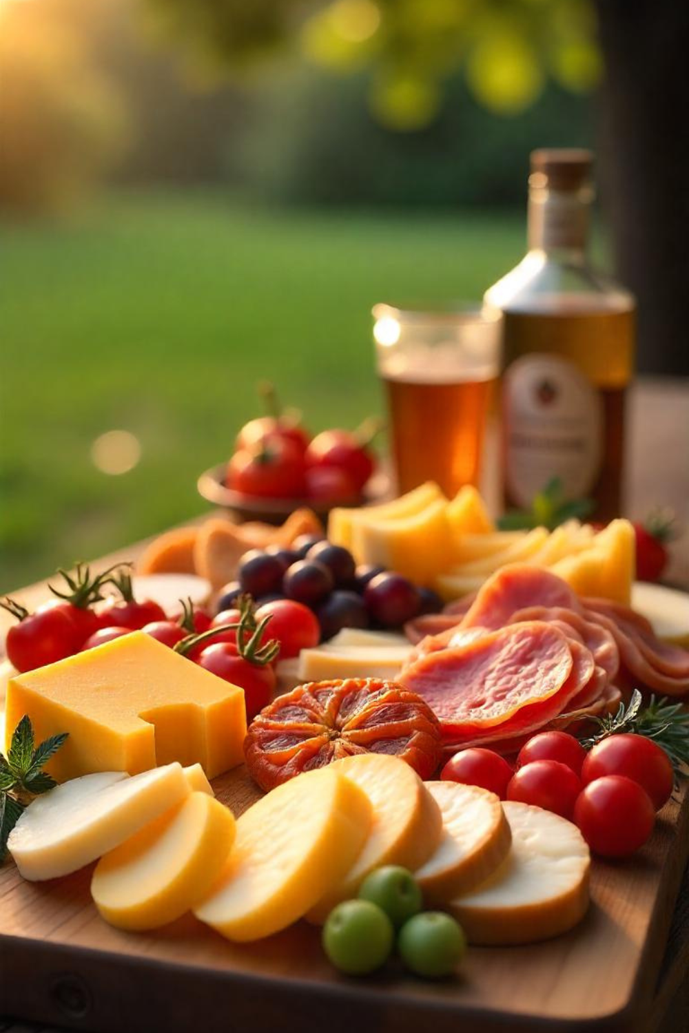 A mouthwatering charcuterie board, featuring locally sourced cheeses, free-range meats, and organic preserves, displayed on a rustic wooden table.