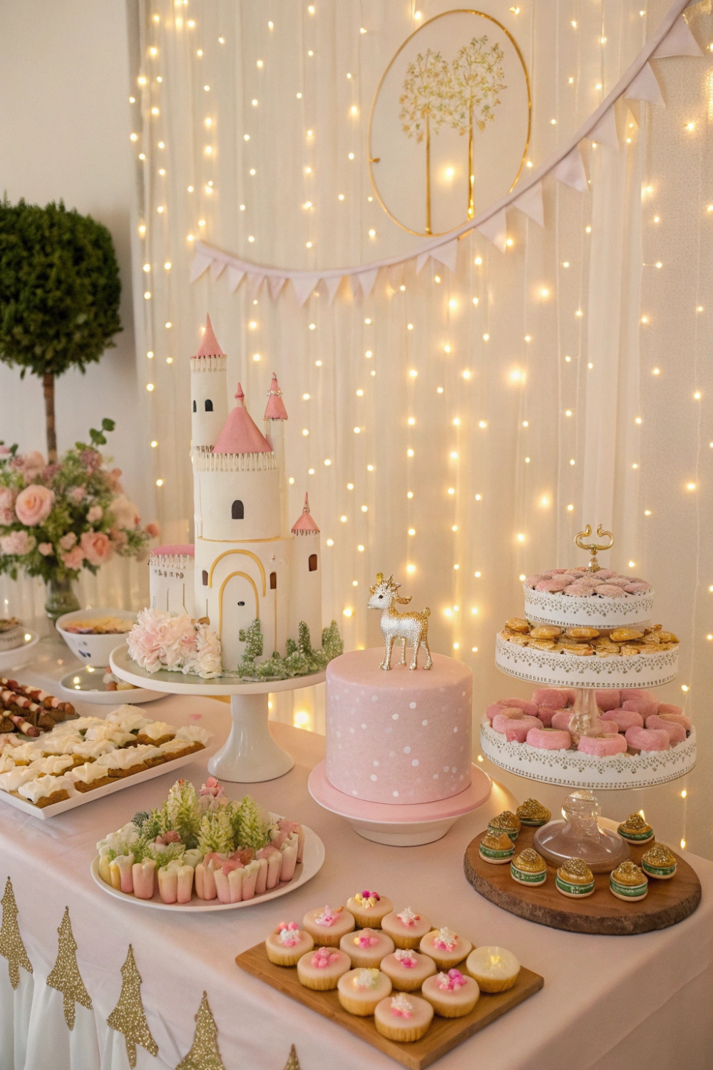 A magical, storybook-inspired dessert table with twinkling fairy lights, golden accents, and whimsical, storybook-style treats.