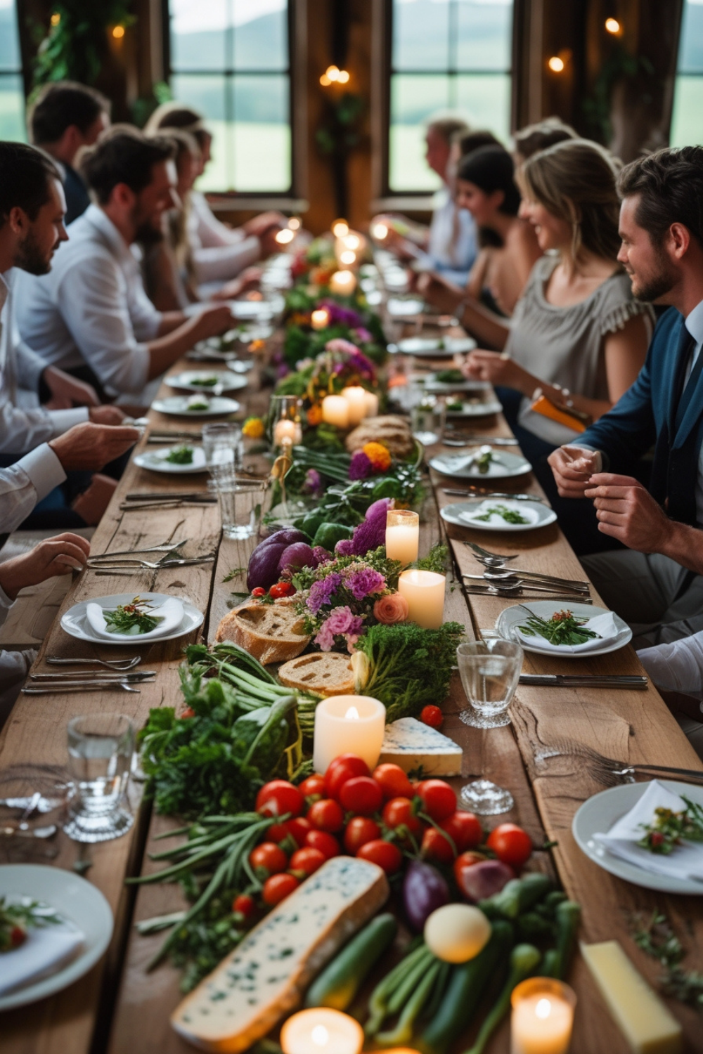 Imagine guests gathered around long wooden tables, adorned with fresh flowers and candles, as they enjoy a meal made from locally sourced ingredients. The vibrant colors of just-picked vegetables, rustic bread, and farm-fresh cheeses make the table feel like a work of art.