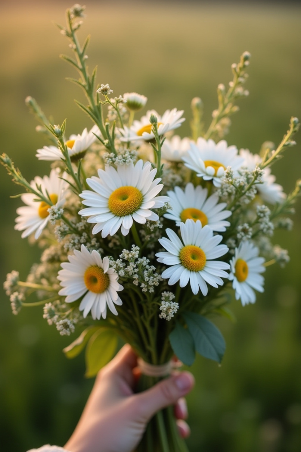 A hand-tied bouquet of wild daisies, clover, fragrant rosemary, and eucalyptus, all gathered from a nearby meadow. It’s natural, free-spirited, and utterly unique.