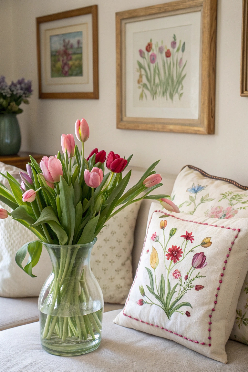 A vintage glass vase filled with fresh tulips, a framed pressed flower artwork, and delicate floral embroidery on your pillows—your space instantly feels alive with spring
