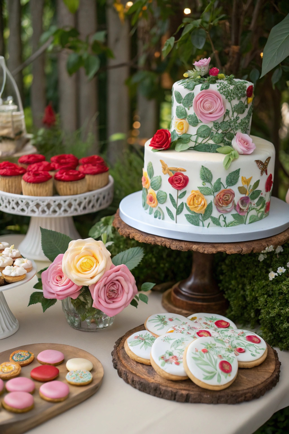 A garden-inspired dessert display with edible flowers, floral-themed cookies, and a stunning rose-covered cake. A botanical backdrop completes the whimsical look.