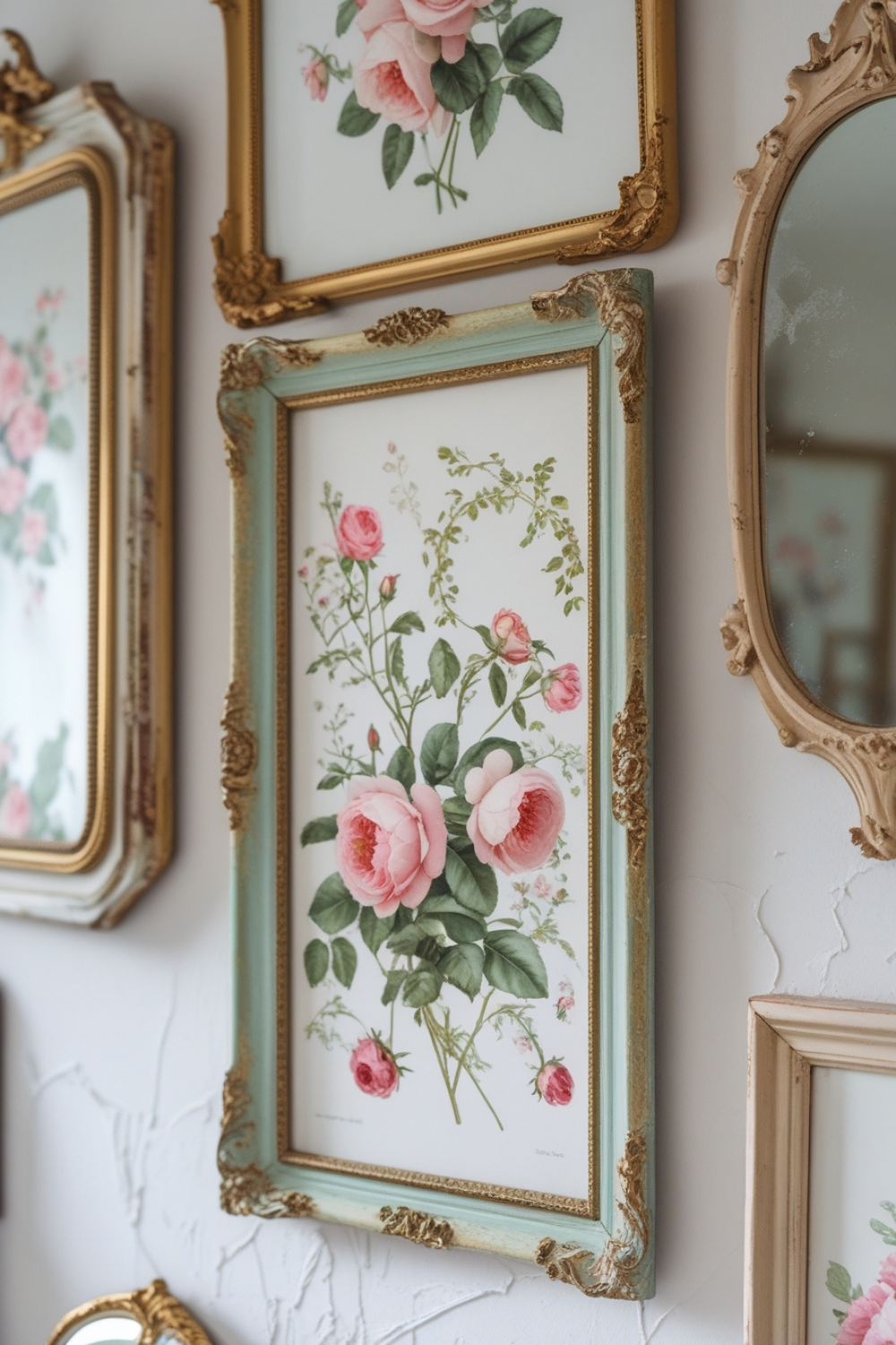 A delicate French floral print encased in a beautifully aged frame, adds charm to your walls.
