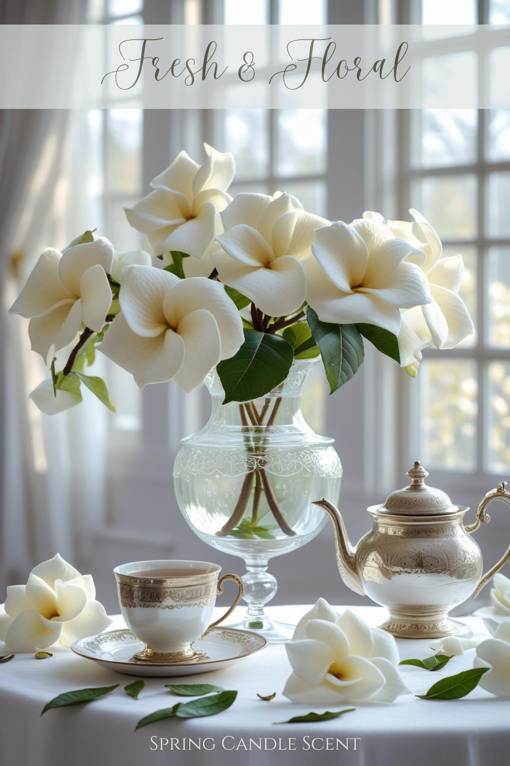 Your home smells like fresh-cut white gardenias with a hint of tea leaves, giving it an elegant yet refreshing spring feel.