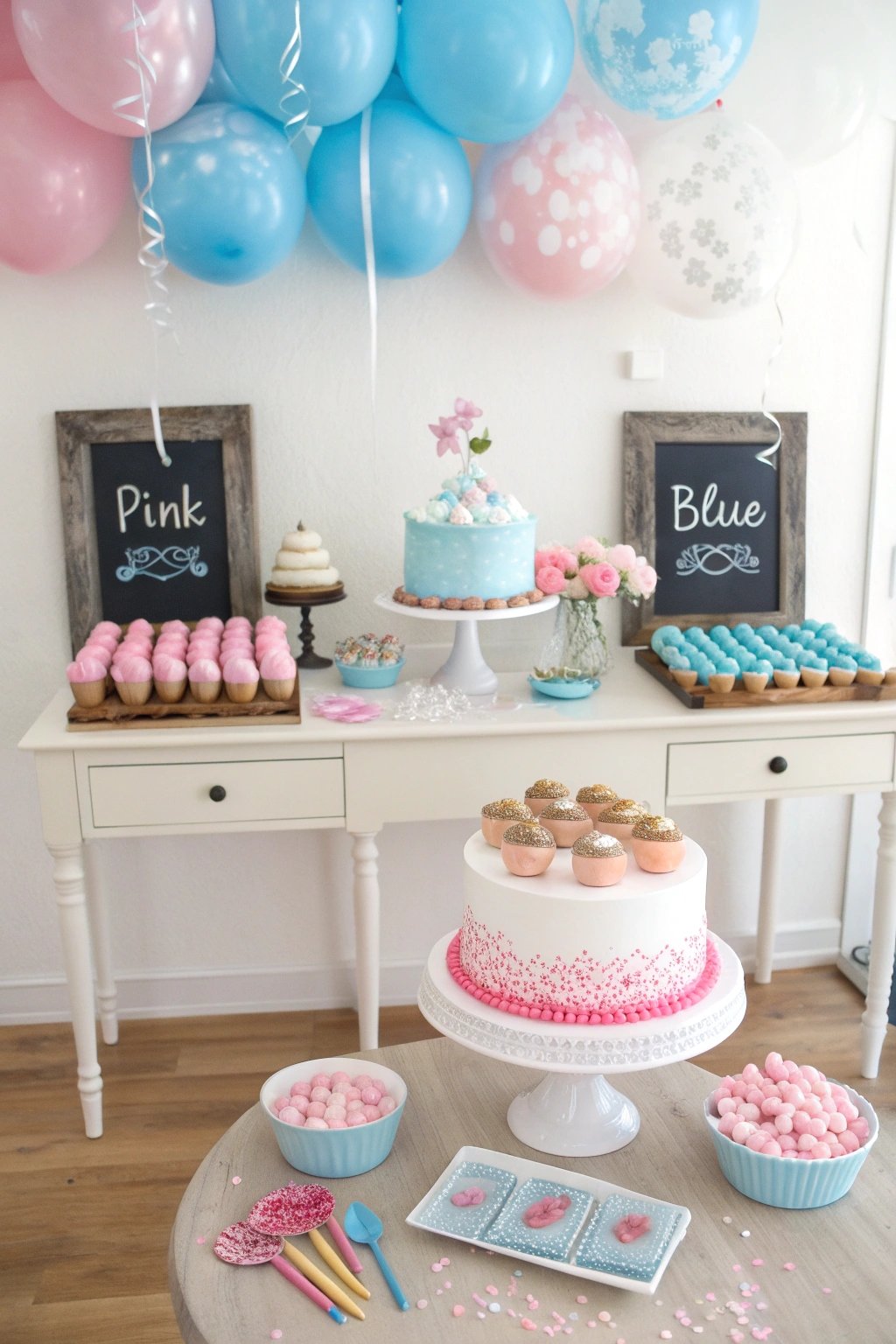 A suspenseful, interactive dessert table where guests can guess the baby’s gender before the big reveal—featuring pink and blue treats, mystery cupcakes, and a reveal cake!