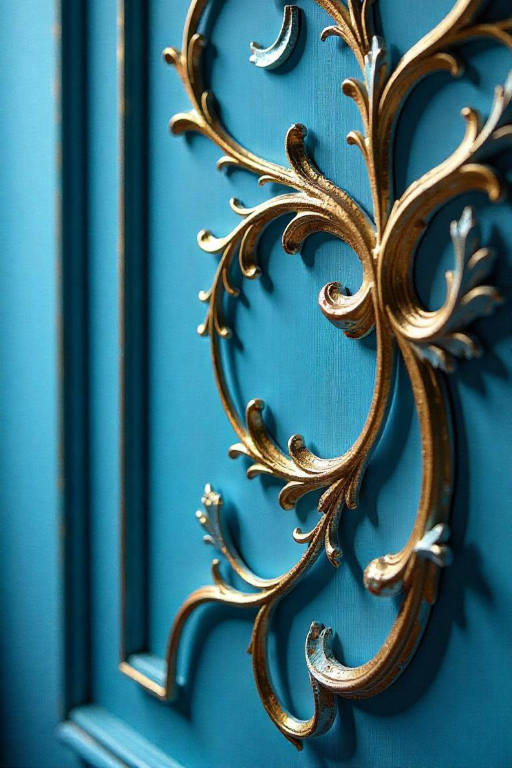 Ornate, French-inspired wall panels with curling vines and delicate gold embellishments.