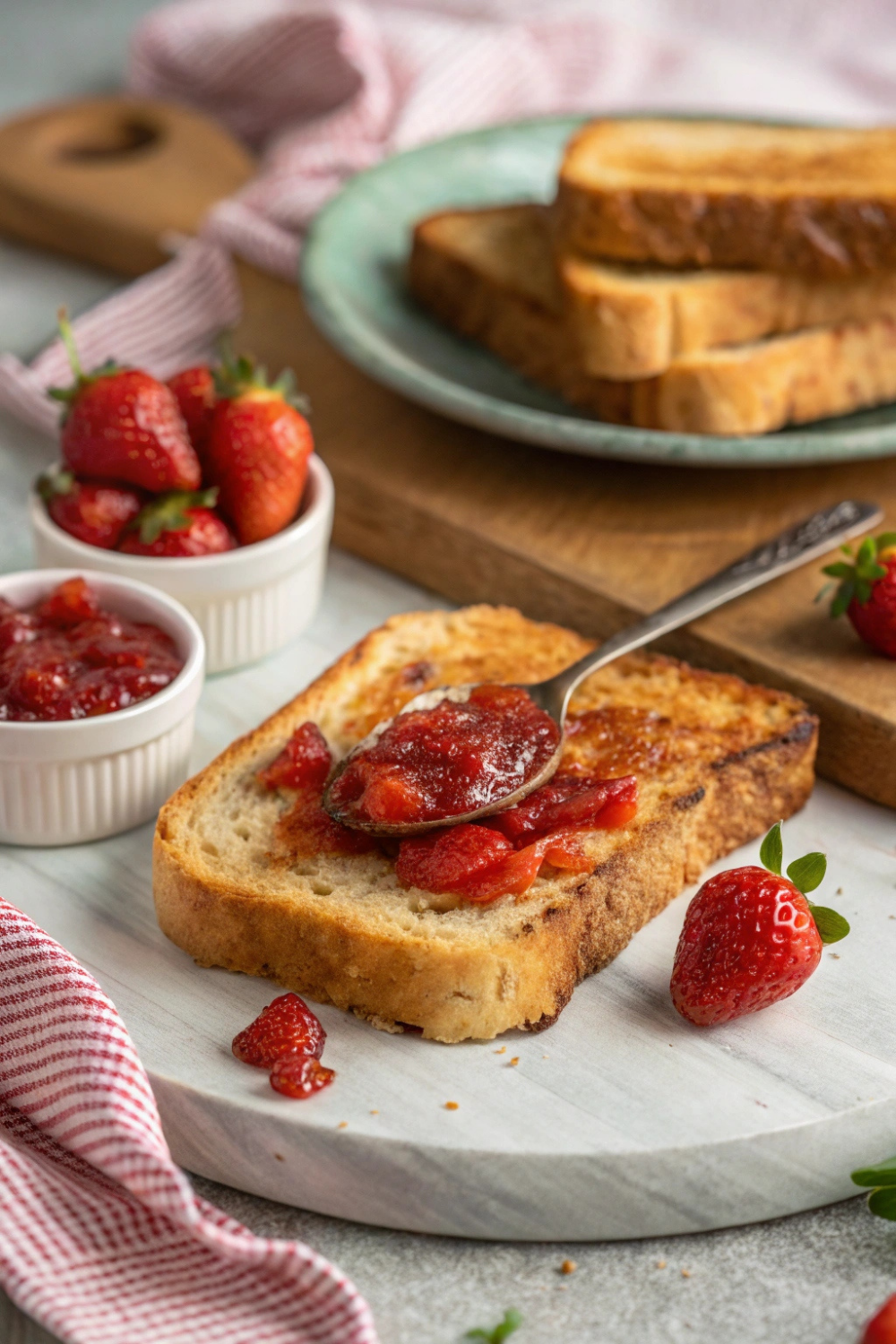 A spoonful of homemade strawberry jam on a warm slice of toast, bringing back sweet memories of your wedding.
