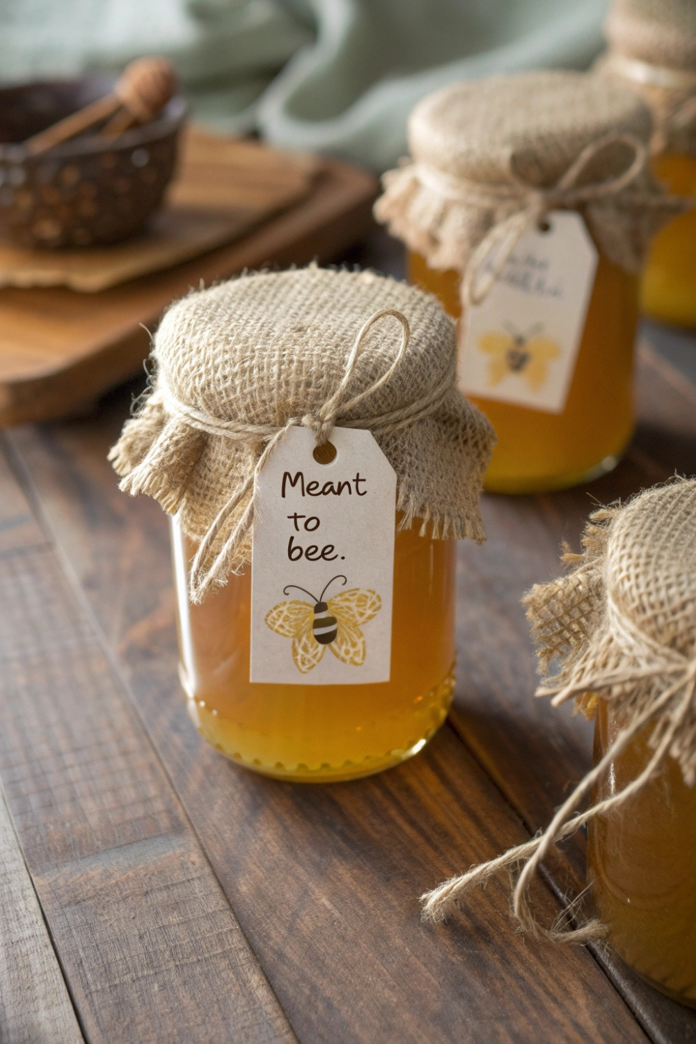 Elegant glass jars filled with golden honey, each sealed with a rustic burlap cover and a tag that reads, “Meant to bee.”