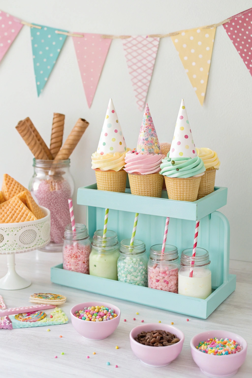 A fun and colorful ice cream-inspired baby shower with pastel cones, sprinkles, and a DIY sundae bar.