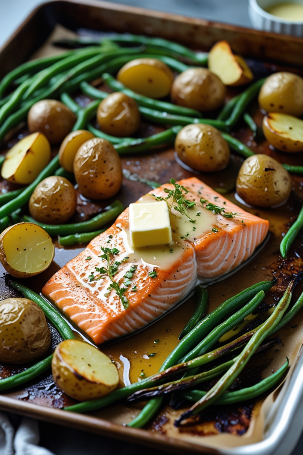 A cozy rustic baking sheet filled with flakey salmon, roasted potatoes, and charred green beans. The butter melts over everything, creating a glossy, golden finish. It’s giving cozy, no-effort gourmet vibes!