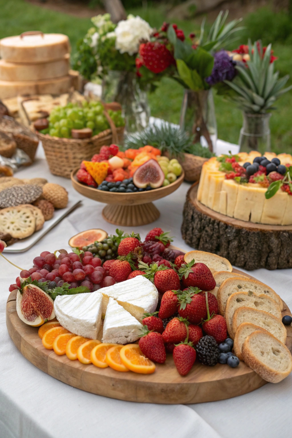 A beautifully arranged grazing table with fresh, organic fruits, local cheeses, and artisanal bread, all sourced from nearby farms to minimize carbon footprint.