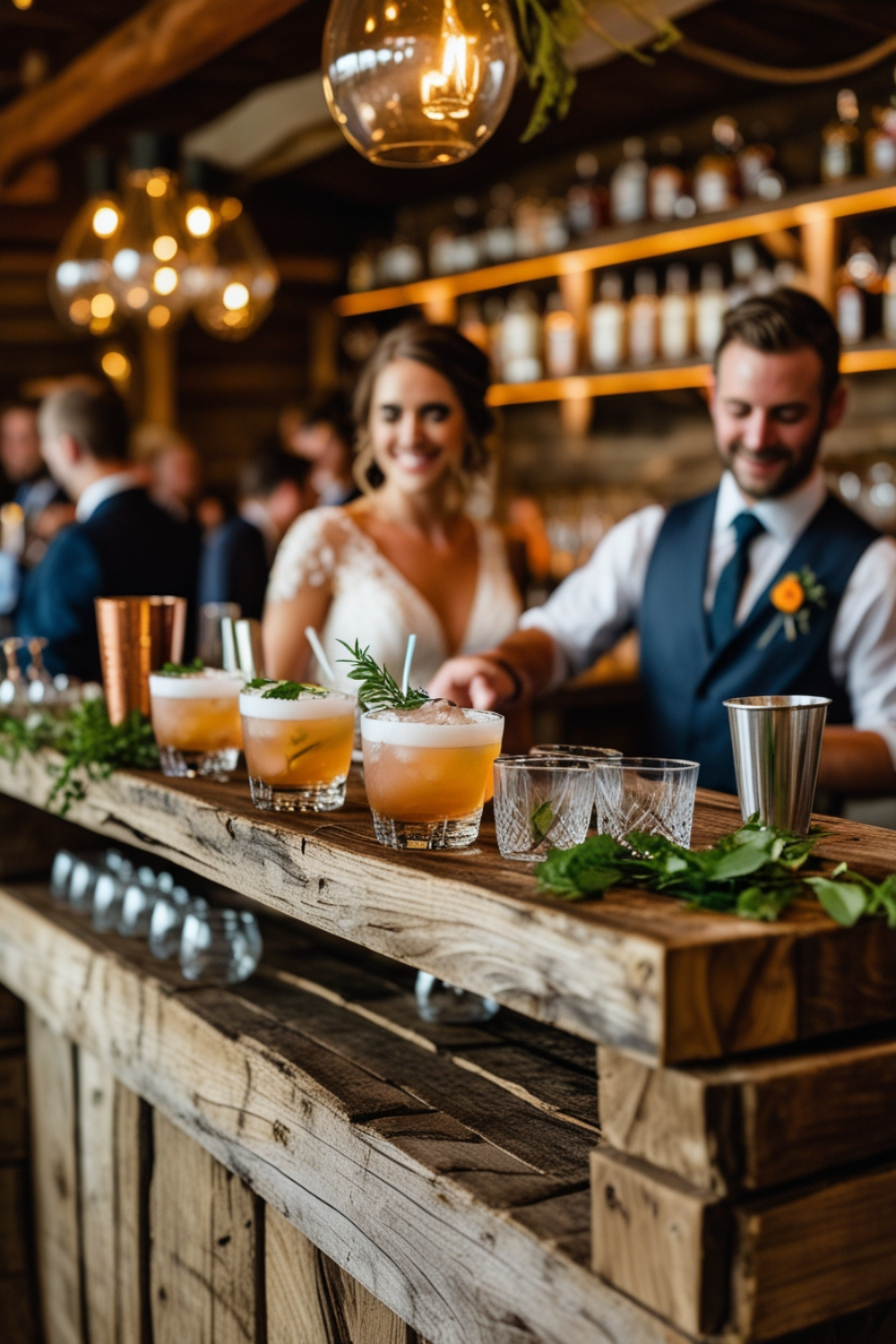 A rustic wooden bar, serving craft cocktails made from local spirits and herbs, with signature drinks named after the bride and groom. Guests sip from beautiful glassware, instead of plastic cups.