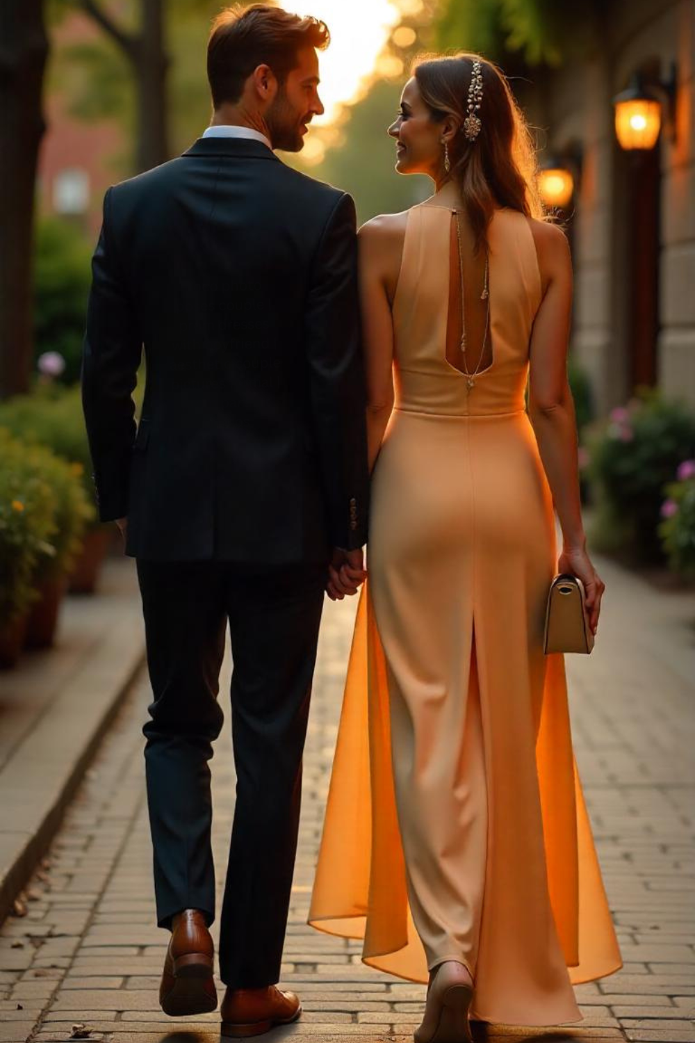 You’re rocking sleek nude heels, and your date has tan dress shoes to match. It’s a little detail, but it makes the whole look feel cohesive.