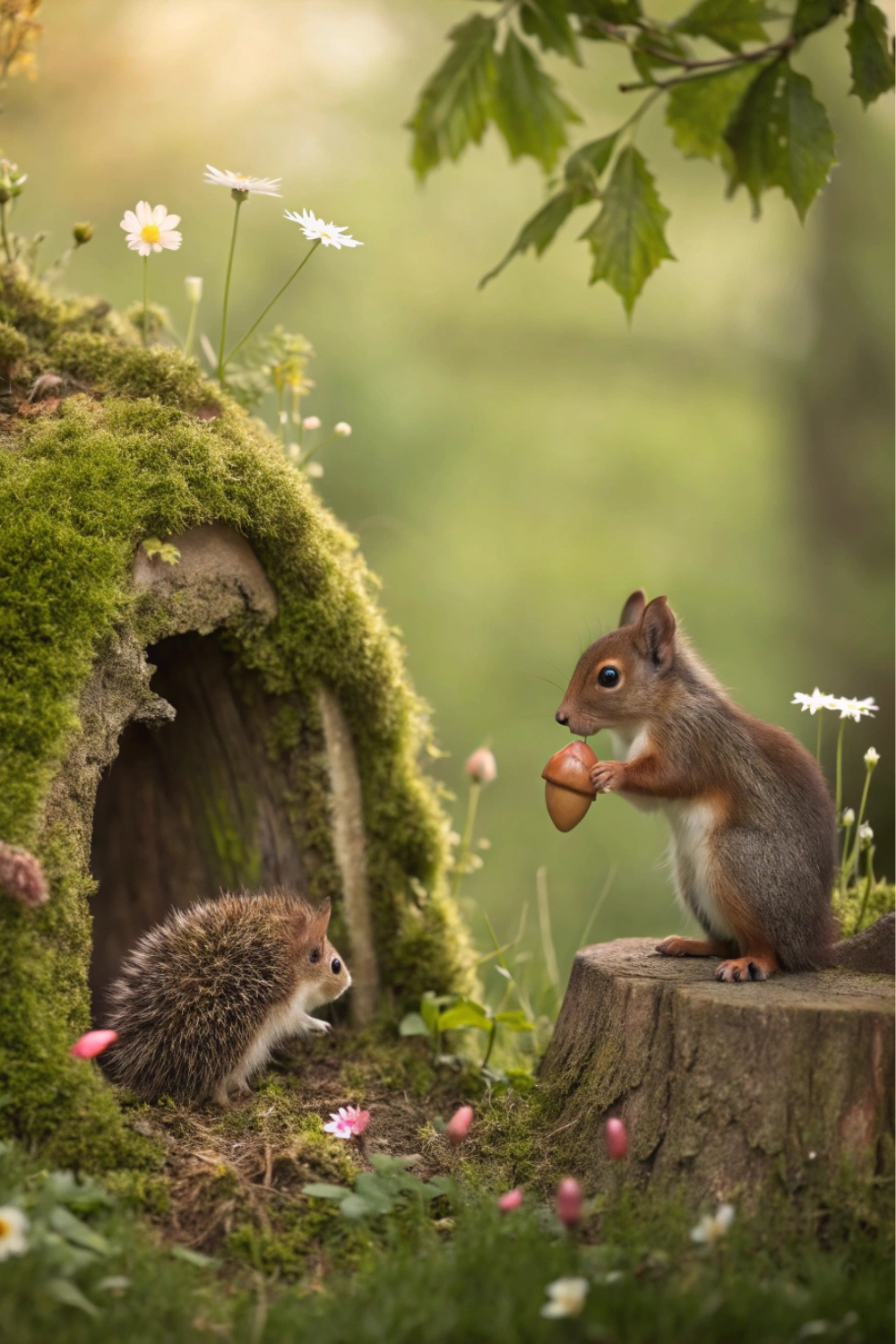 A tiny hedgehog peeks out from a mossy nook while a squirrel sits atop a tree stump, nibbling on a miniature acorn