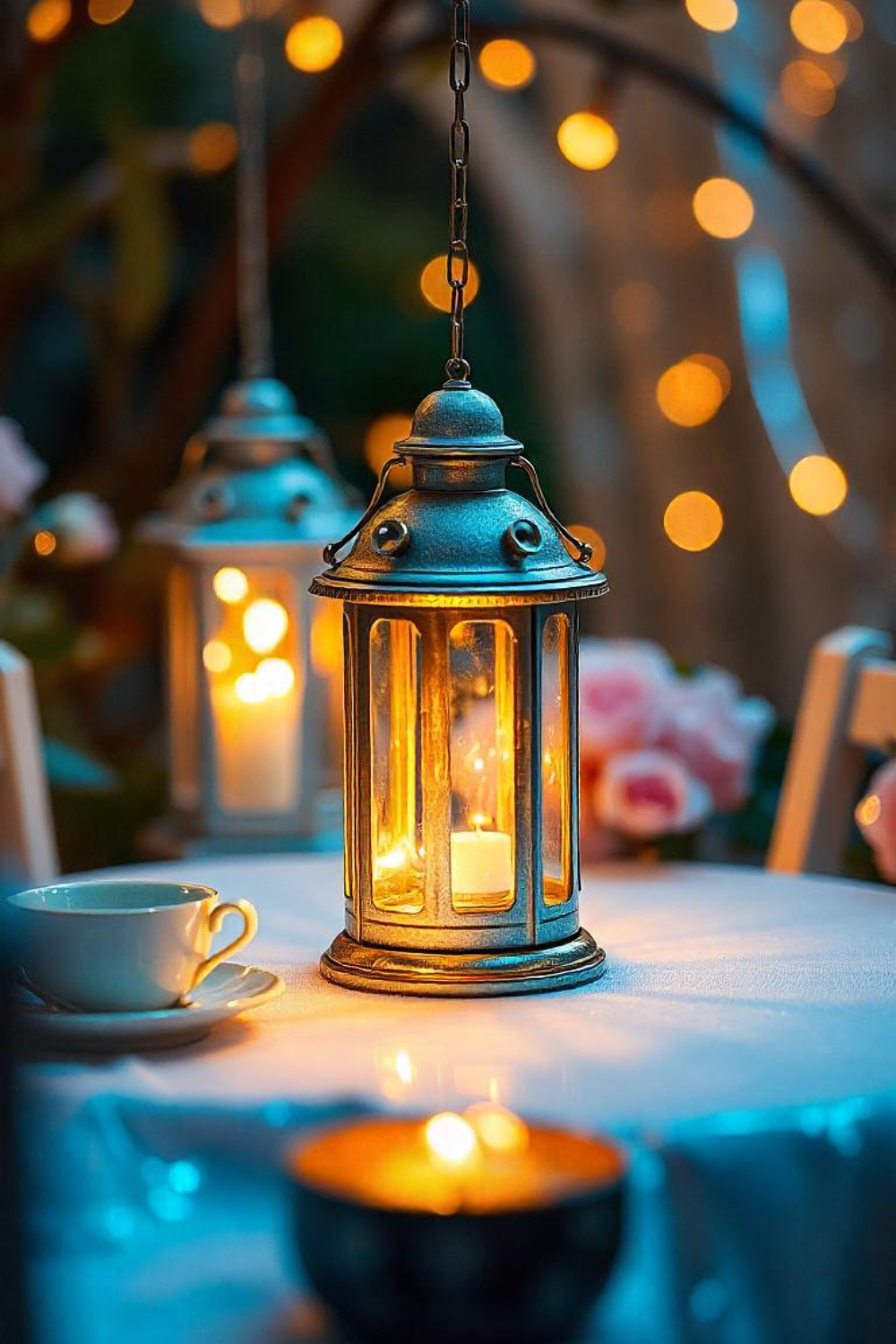 Soft golden fairy lights twinkle through tiny lanterns, casting a warm glow over a fairy tea party scene