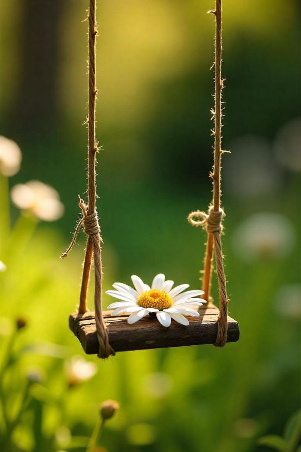 A delicate swing made from twigs and twine, swaying gently between two daisy stems.