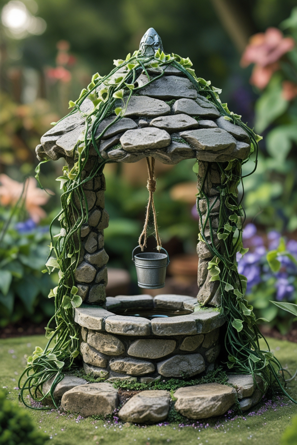 A charming little stone well sits in the heart of your fairy garden, draped with creeping vines. A tiny bucket hangs from a rope, ready for fairies to make their secret wishes.