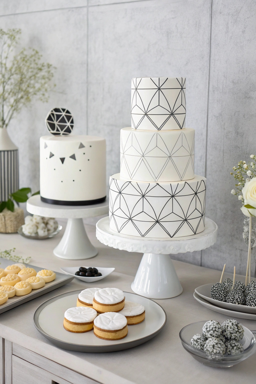 A sleek and sophisticated table with a minimalist approach—think geometric cakes, simple yet elegant cookies, and a clean, monochrome color scheme.