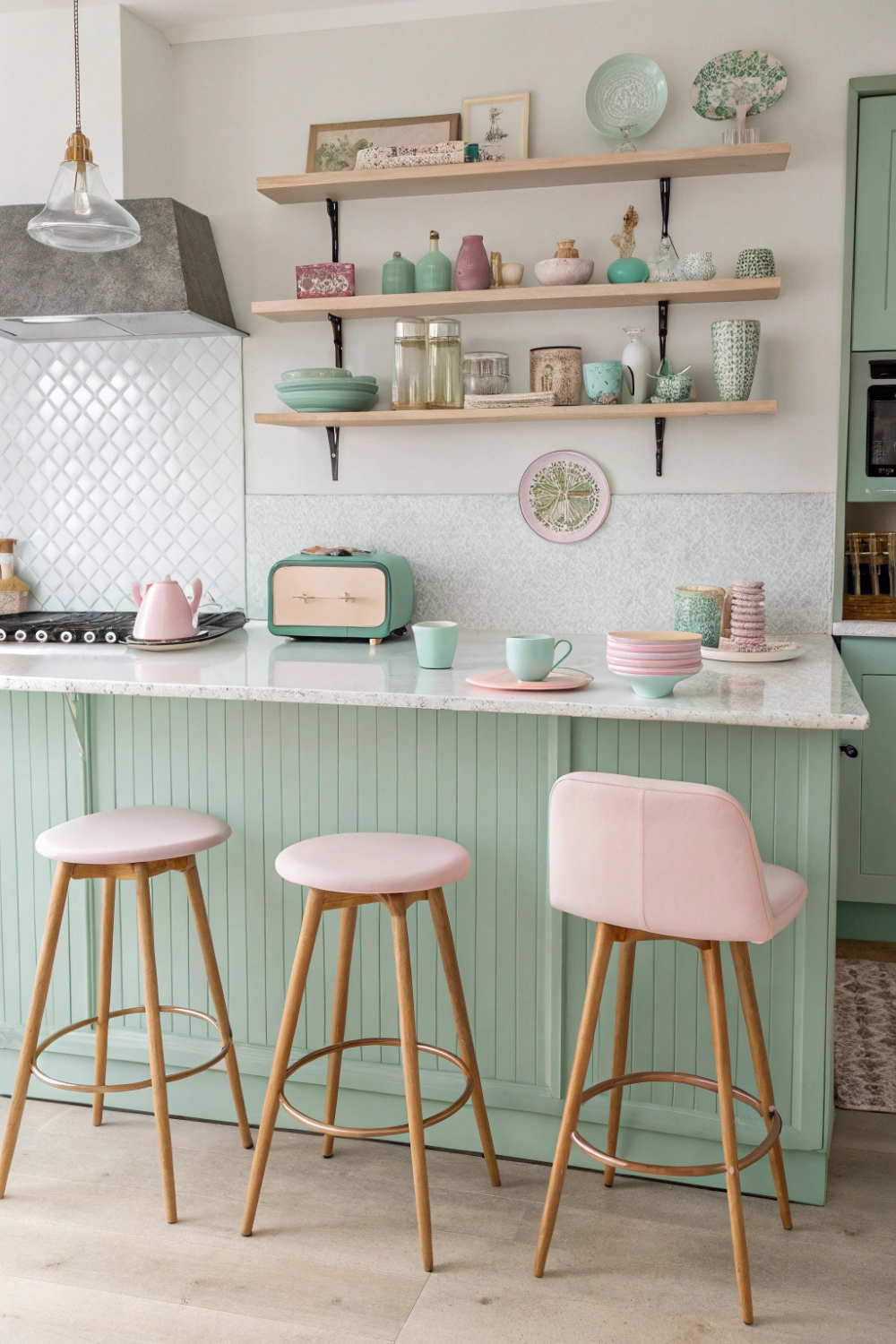 A vintage-style kitchen with mint green appliances, pale pink bar stools, and open shelving displaying pretty pastel dishware. A retro radio hums in the background, setting the mood for spring brunch.