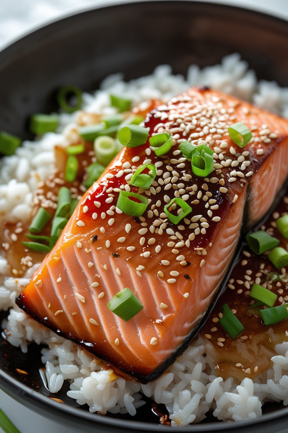 A glistening, sticky-sweet salmon fillet with golden caramelized edges, resting on a bed of fluffy rice. A sprinkle of sesame seeds and green onions make it look straight off a Pinterest board. Drool-worthy!