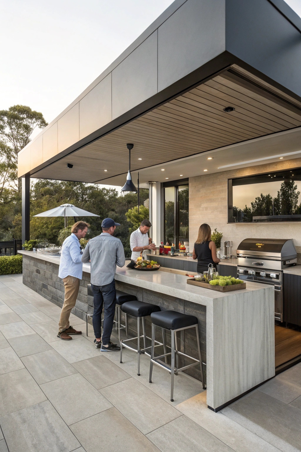A sleek outdoor kitchen, a built-in grill, and a bar area with barstools where guests can gather while you cook.