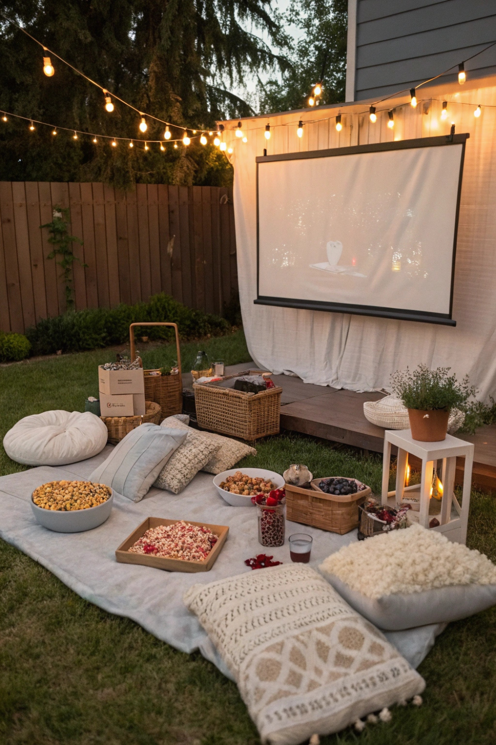 A big projector screen set up in your backyard, fluffy bean bags and blankets scattered around, and a DIY popcorn bar with all the toppings.