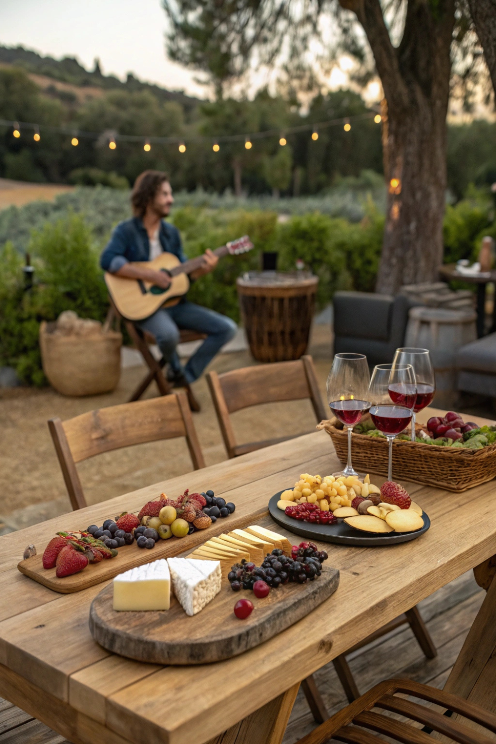 A rustic wine bar setup, a wooden table filled with cheese boards, fresh fruit, and wine glasses, and soft music playing in the background.