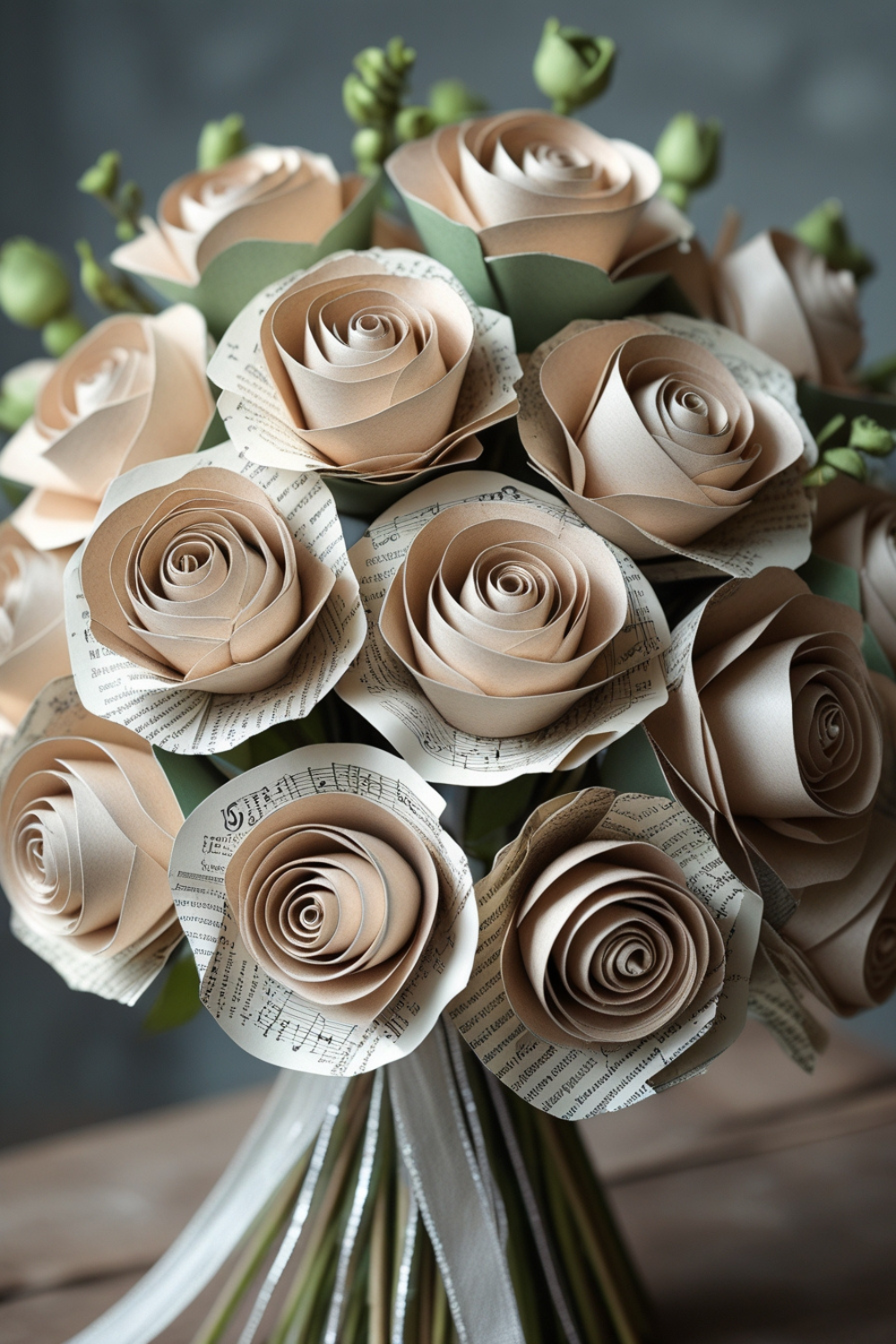 A bouquet of exquisitely crafted paper roses, made from vintage book pages, sheet music, or recycled watercolor paper. Each petal has a slight curl, making them look just like fresh blooms.