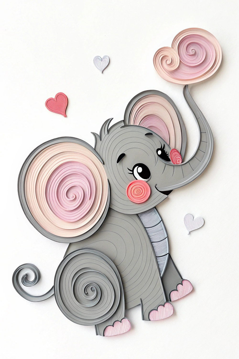 A lovable quilled elephant, its large ears crafted from soft, rounded coils and its trunk curling into a playful pose. A small, pink heart floats near its trunk, adding a touch of sweetness.