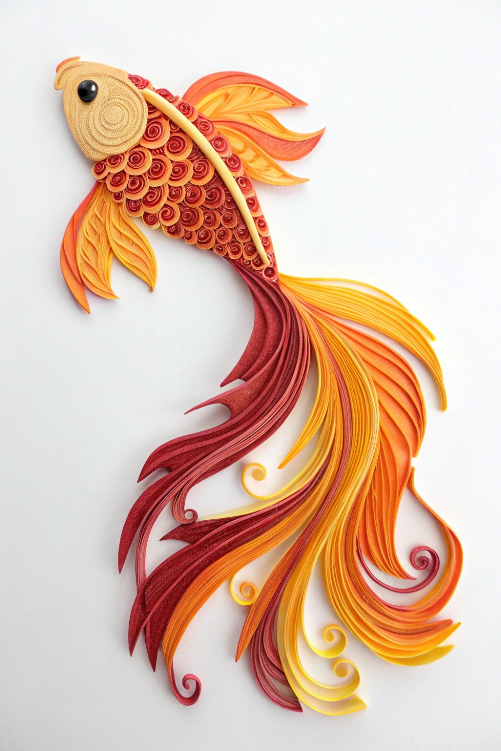 A vibrant quilled fish, its tail flowing like a tropical betta fish. The mix of orange, red, and yellow coils makes it look like it’s swimming in the ocean!