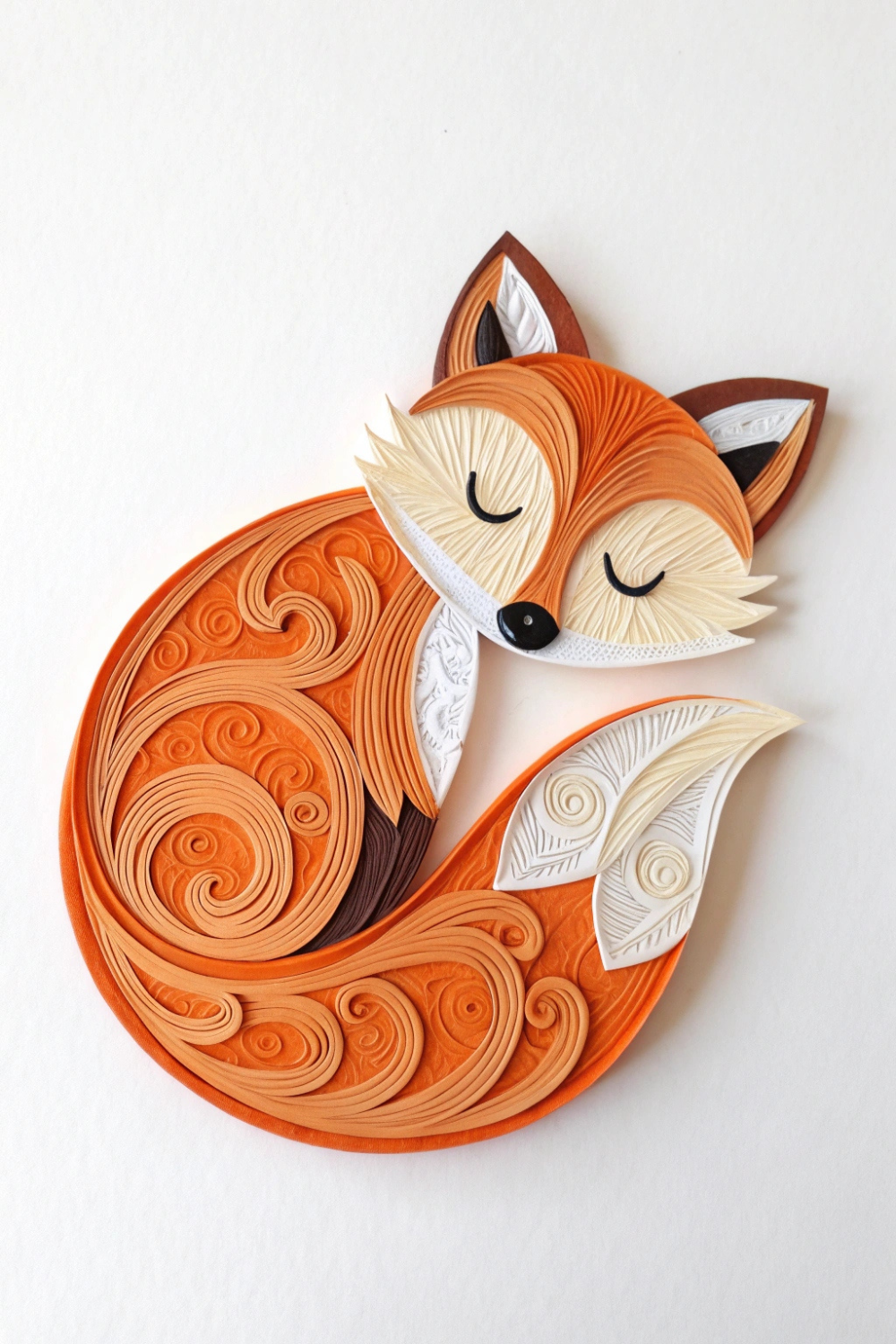 A cozy little fox curled up with its tail wrapped around itself, made from warm orange and soft cream tones. Its tiny black nose peeks out playfully, bringing this charming woodland creature to life.