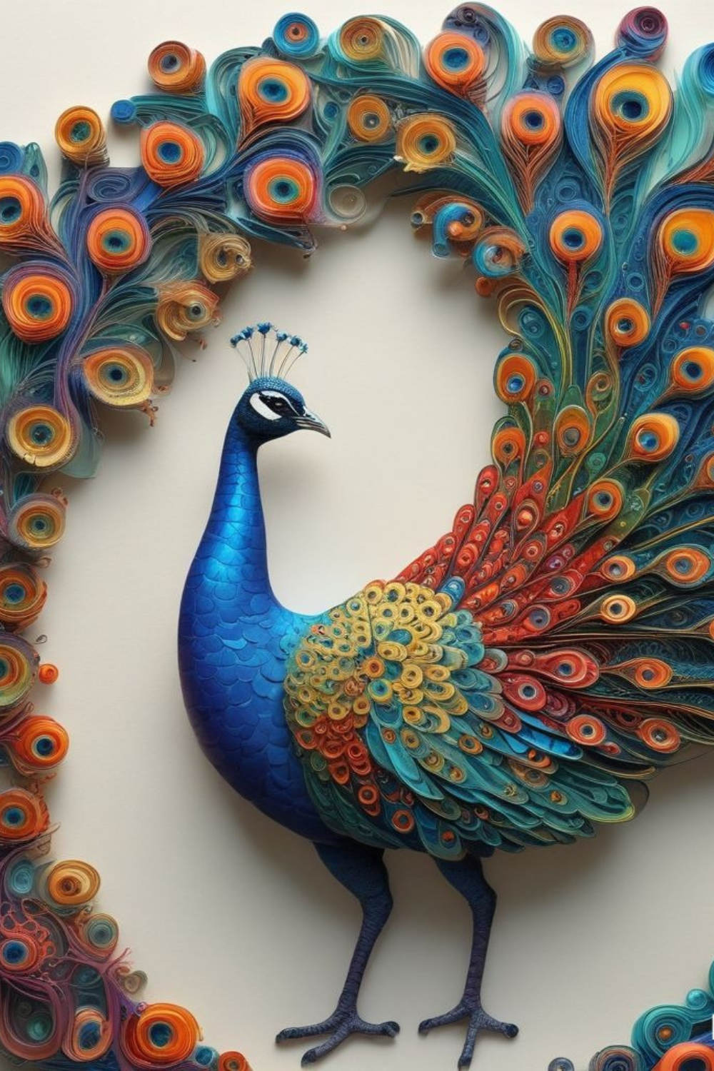 A majestic peacock, its tail feathers fanned out in a stunning array of jewel-toned quills, each tipped with an eye-catching swirl.
