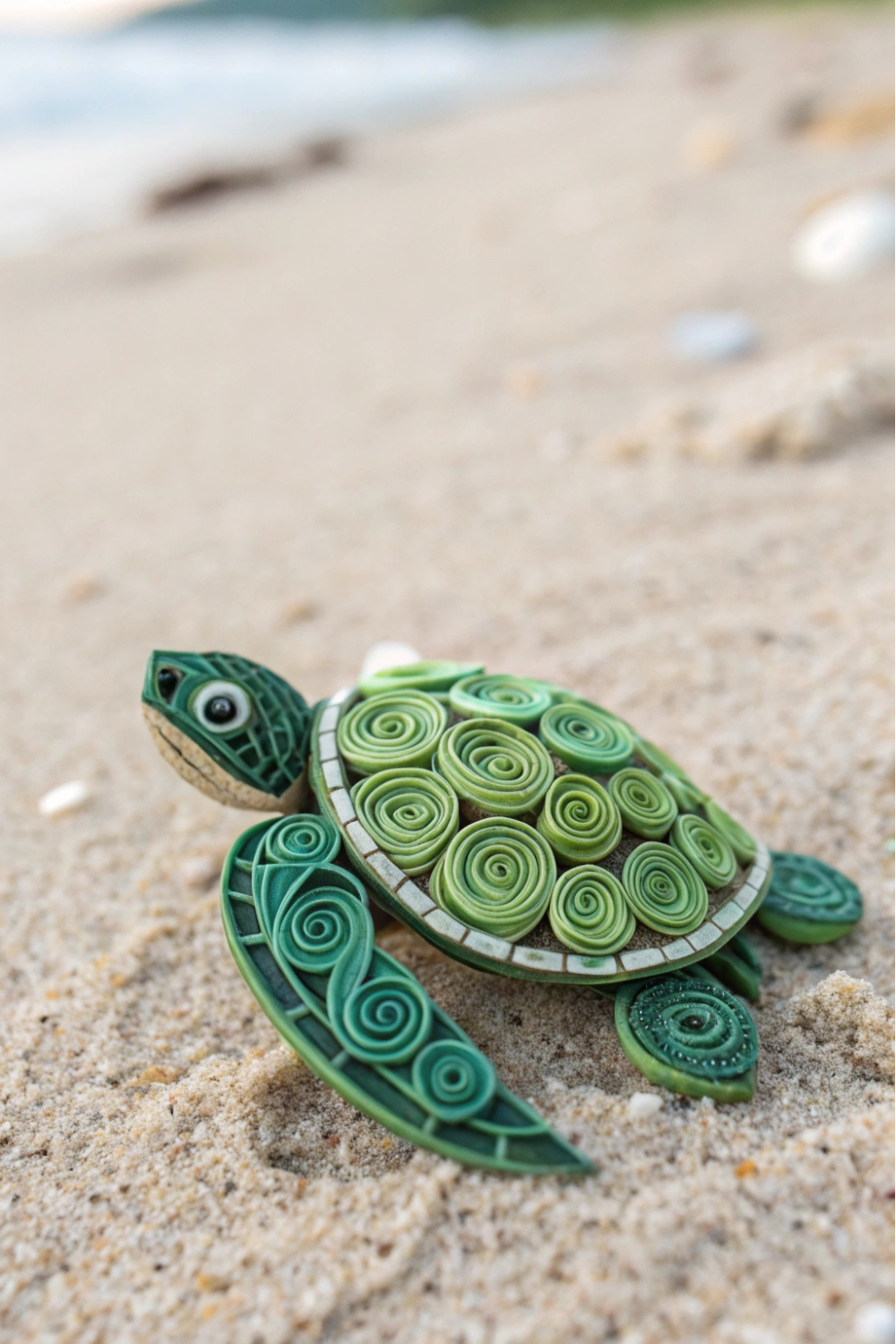 A tiny quilled turtle, its shell a mosaic of swirling green coils. It looks like it’s waddling across the sand, ready to take a dip in the ocean!