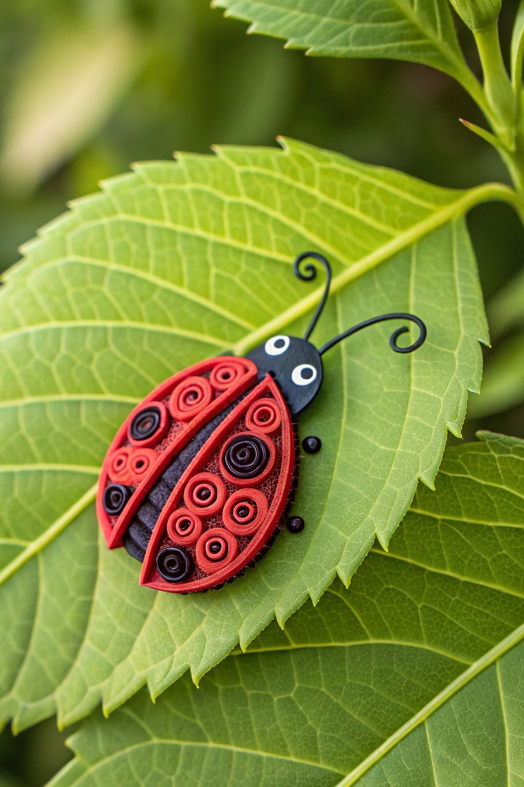 Create a tiny red quilled ladybug, resting on a bright green leaf. It has cute black paper dots and delicate antennae.