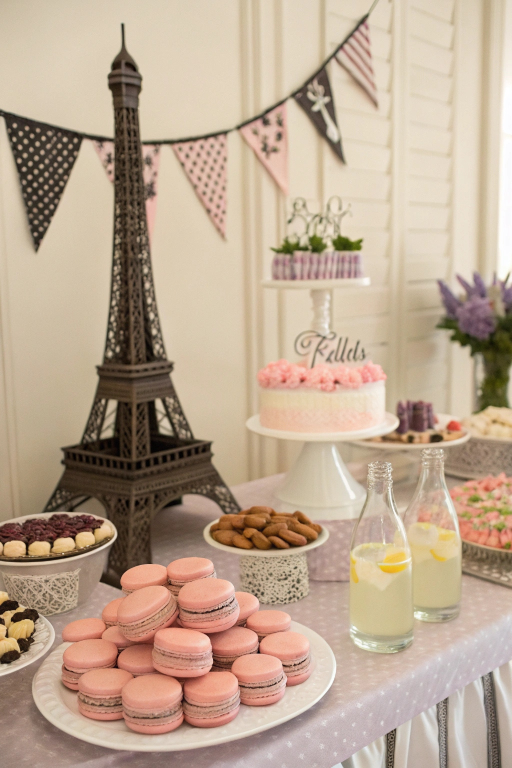 An elegant, French-inspired celebration with chic café vibes, Eiffel Tower decorations, and a pastel pink and black color scheme.