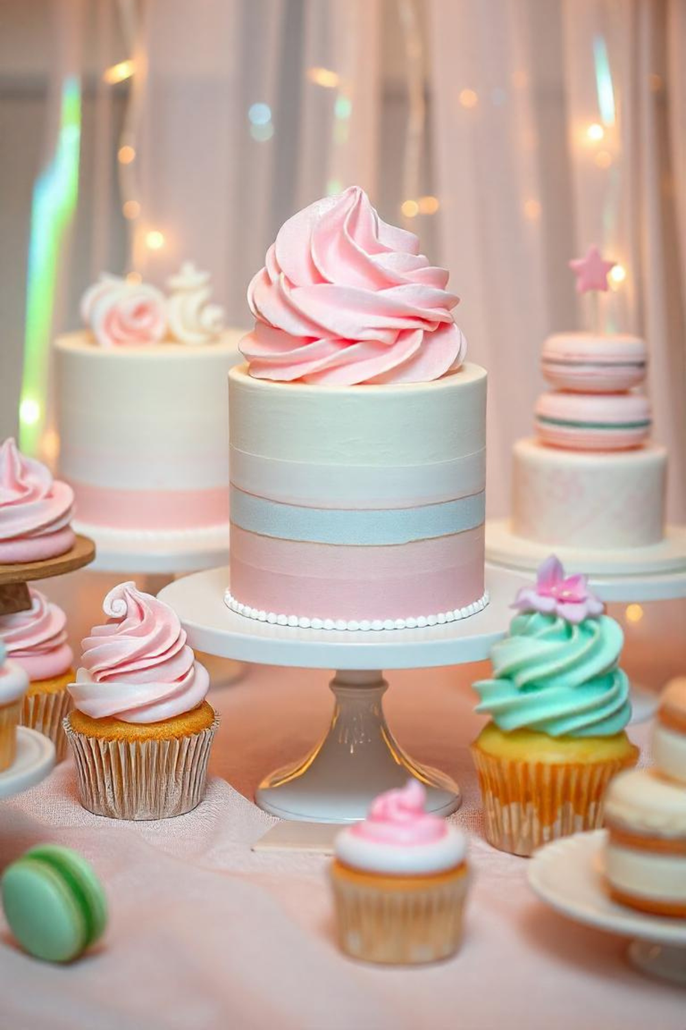A dreamy pastel wonderland with soft pink, baby blue, and mint green treats. Think ombré cupcakes, cotton candy-topped cakes, and delicate macaron towers. A sheer backdrop with twinkling fairy lights completes the enchanting look.