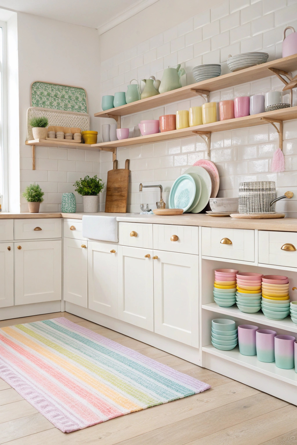 A neutral kitchen comes to life with pastel rainbow dishware, ombre mugs lined up on open shelves, and a pastel-striped rug on the floor. Every little detail adds a soft, cheerful touch that feels like spring in full bloom