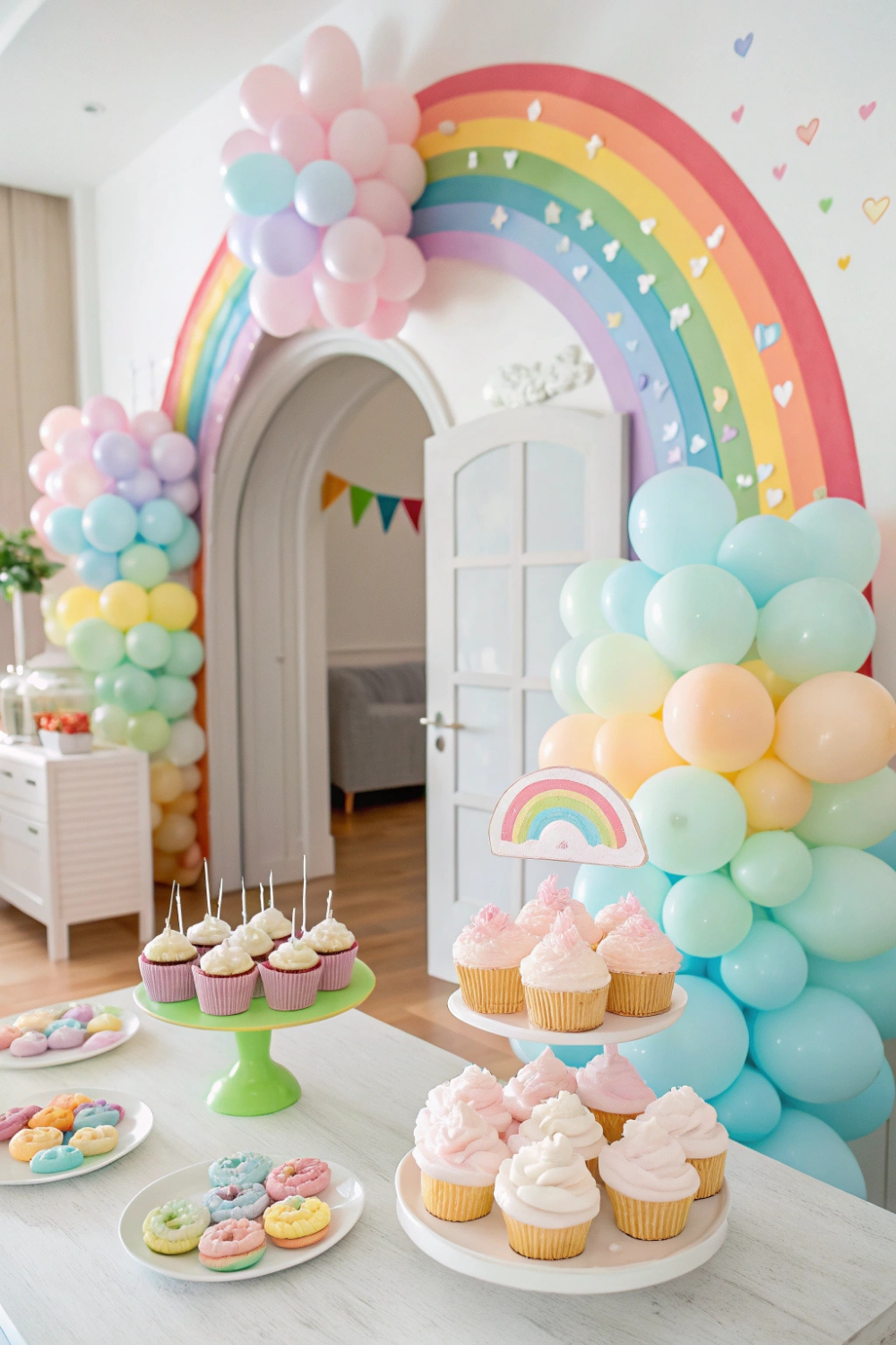 A cheerful and soft rainbow-themed party with dreamy pastel balloons and colorful desserts.